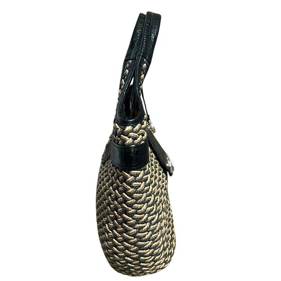 Brighton Woven Tan Straw Shoulder Bag Handbag Purse Black Croc Leather Handles - Picture 13 of 15